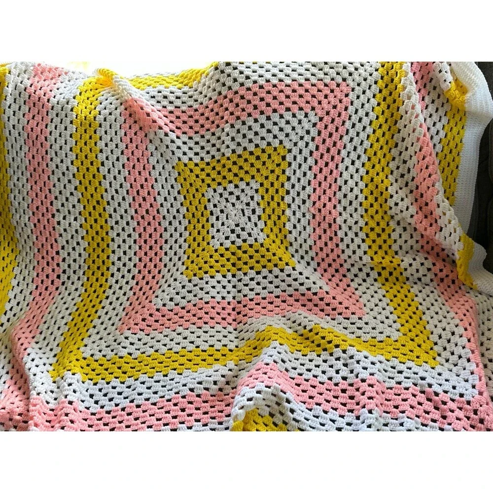 Handmade Crochet Knit Afghan Nesting Square Pattern Throw Baby Blanket 80x80
